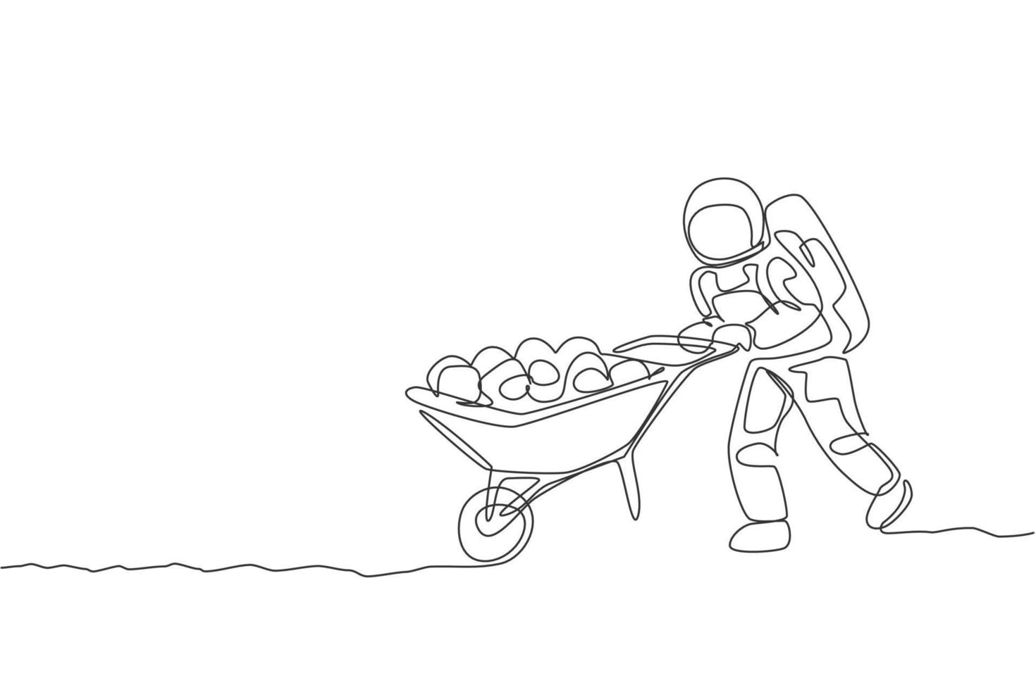 enkele doorlopende lijntekening van kosmonaut die kruiwagen vol fruit en groenten in het maanoppervlak duwt. melkweg astronaut landbouw leven concept. trendy één lijn tekenen ontwerp vectorillustratie vector