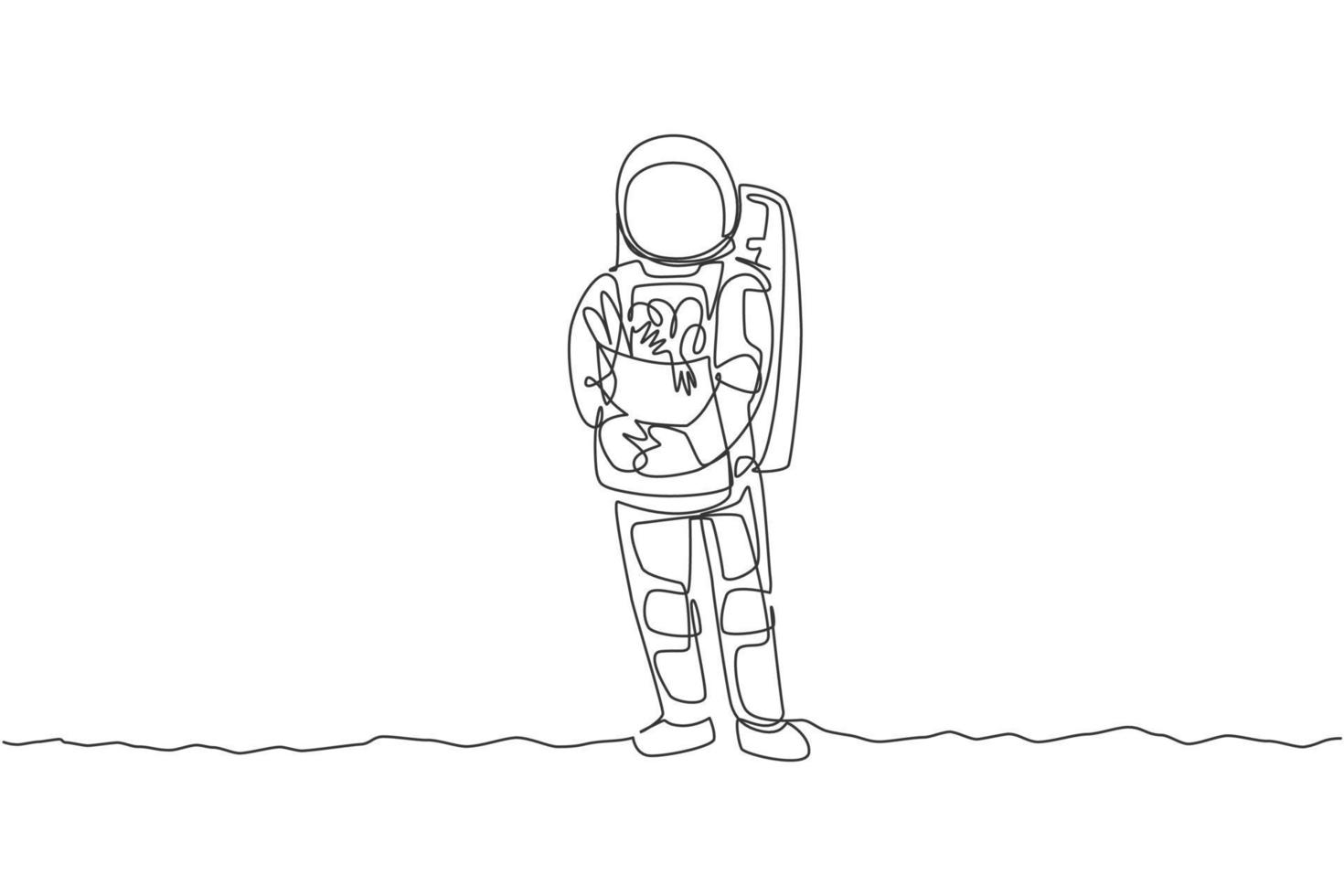 een enkele lijntekening van astronaut brengt papieren zak vol met boodschappen op borst in maanoppervlak in maanoppervlak vectorillustratie. ruimtelandbouwconcept. modern ononderbroken lijntekeningontwerp vector