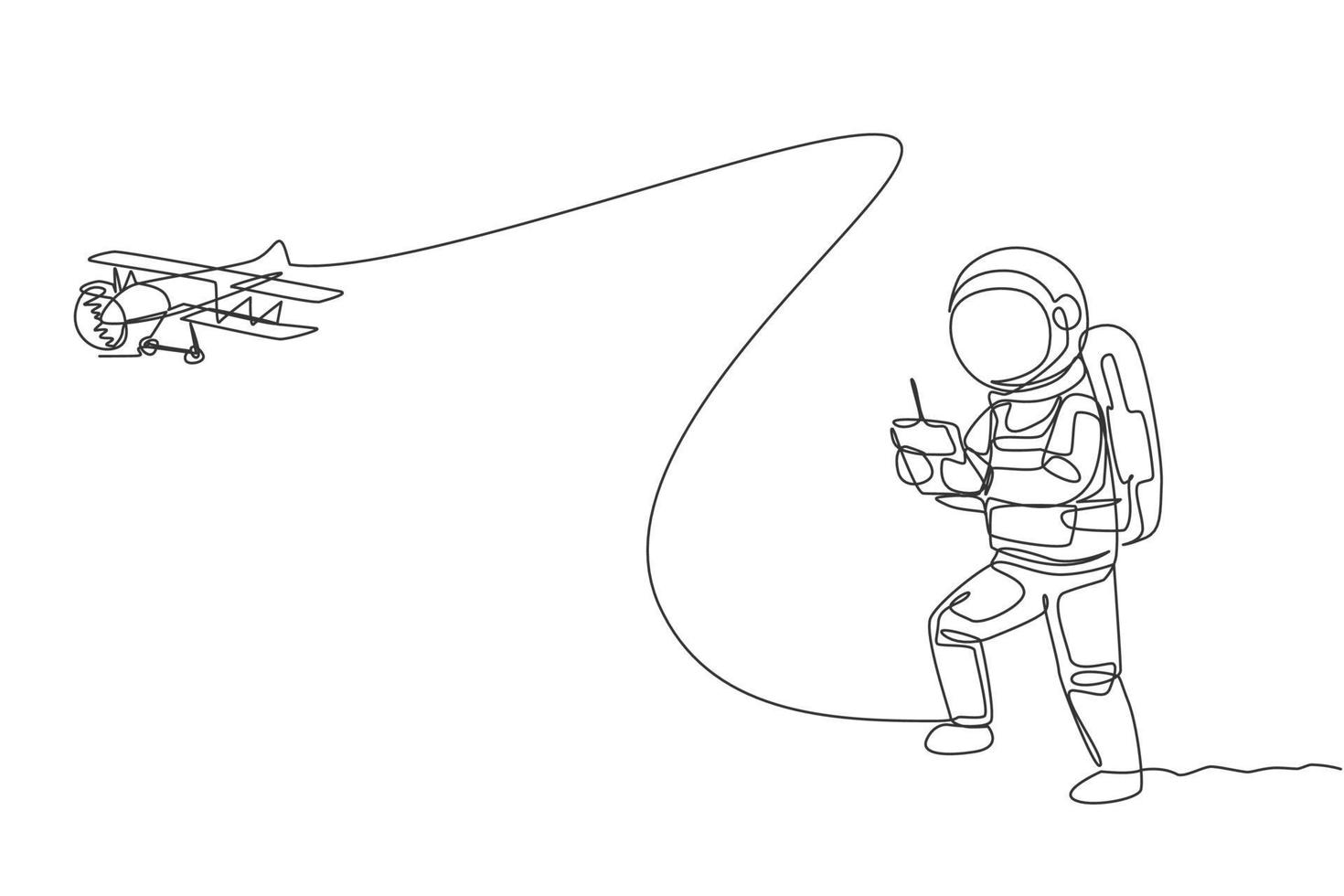 enkele doorlopende lijntekening van astronaut die vliegtuigradiobesturing speelt in het maanoppervlak. plezier hebben in de vrije tijd op het concept van de ruimte. trendy één lijn tekenen ontwerp vector illustratie afbeelding