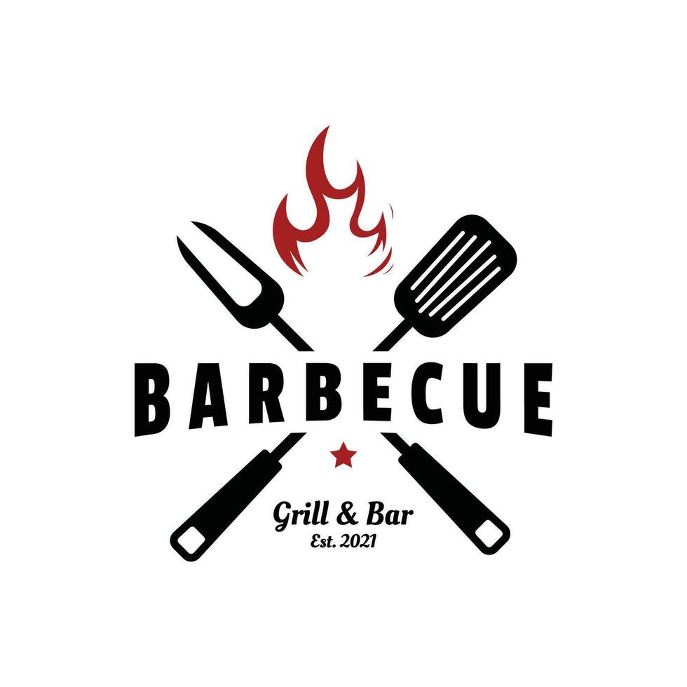 barbecue bbq rook en rooster wijnoogst ontwerp sjabloon met gekruiste spatel en vlam. vector