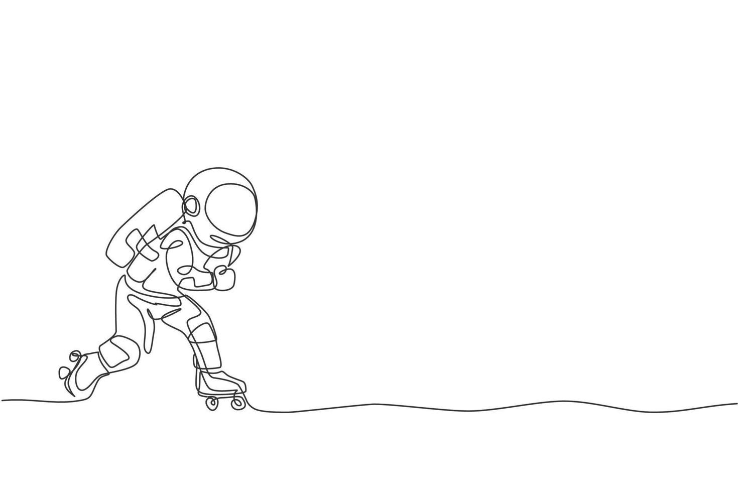 een doorlopende lijntekening van astronaut met rolschaatsen op het maanoppervlak, deep space galaxy. ruimtevaarder gezond fitness sportconcept. dynamische enkele lijn tekenen ontwerp vector grafische afbeelding