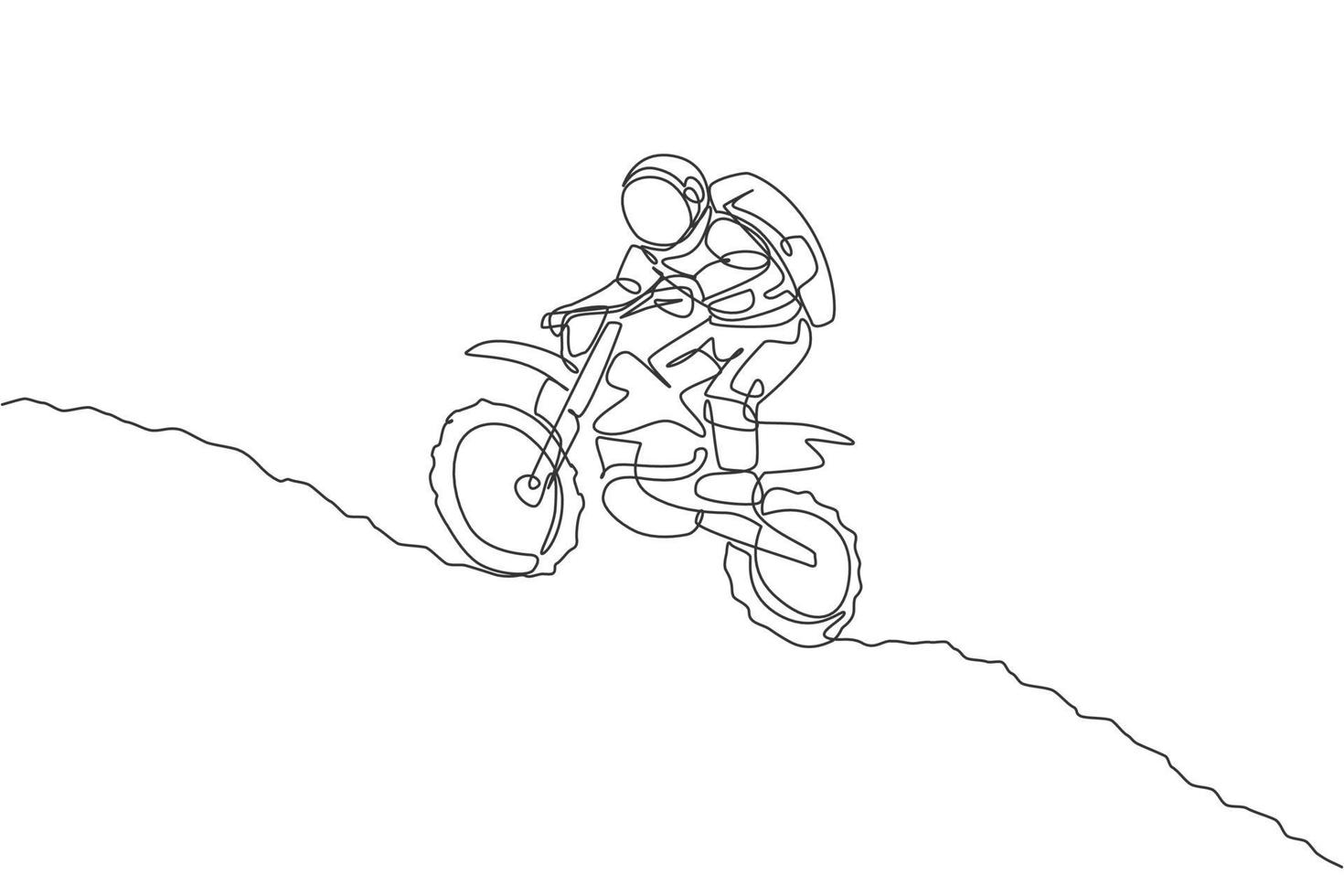 enkele doorlopende lijntekening van astronaut oefening motorcross truc op maanoppervlak. ruimte astronomie galaxy sport concept. trendy één lijn tekenen ontwerp grafische vectorillustratie vector