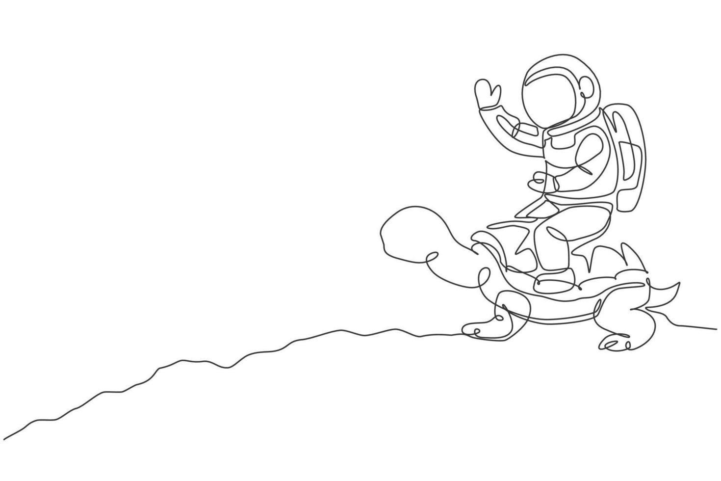 een doorlopende lijntekening van een ruimtevaarder die een wandeling maakt op een schildpad en met de hand zwaait in het maanoppervlak. deep space safari reis concept. dynamische enkele lijn tekenen ontwerp vector illustratie afbeelding