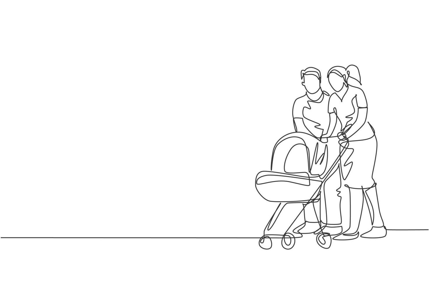 één enkele lijntekening van jonge gelukkige moeder en vader die babytrolley samen duwen ah outdoor park grafische vectorillustratie. opvoedingsconcept. modern ononderbroken lijntekeningontwerp vector