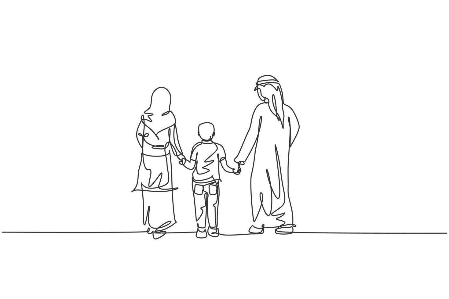 een enkele lijntekening van jonge islamitische vader en moeder die samen lopen en de hand van hun jongen vectorillustratie vasthouden. arabische moslim gelukkige familie ouderschap concept. modern ononderbroken lijntekeningontwerp vector