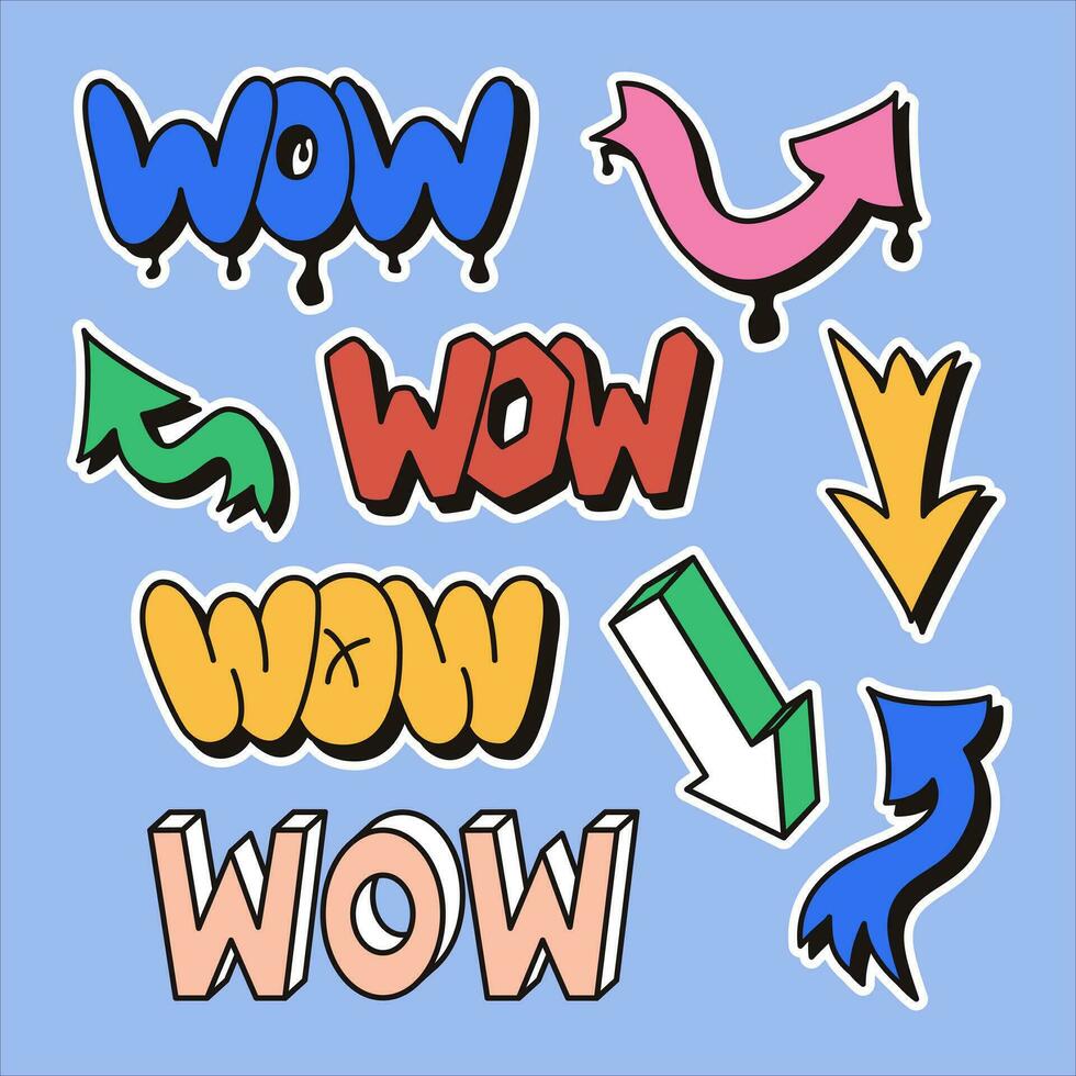 wijnoogst retro 90s stijl sticker reeks met woord Wauw met pijlen. hand- getrokken belettering in bubbel, straat stijl graffiti en jaren 2000 stijl. ideaal voor stickers, decoratie. verschillend soort van pijlen. vector