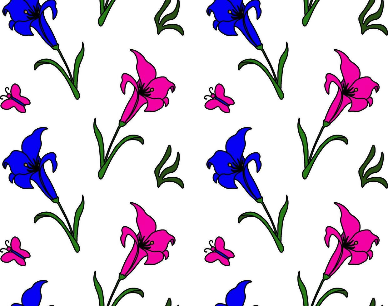 naadloos patroon helder bloem blauw en roze lelie vector