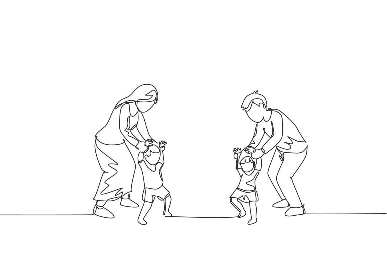 een enkele lijntekening van jonge ouders die hun tweelingkinderen leren om thuis te lopen vectorillustratie. gelukkig familie ouderschap concept. modern ononderbroken lijntekeningontwerp vector