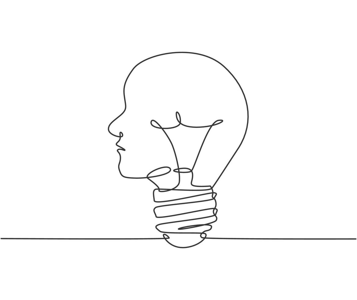 één enkele lijntekening van de identiteit van het menselijk hoofd gloeilamp logo. psychologische geest intelligentie logo pictogram sjabloon concept. dynamische doorlopende lijn tekenen ontwerp grafische vectorillustratie vector