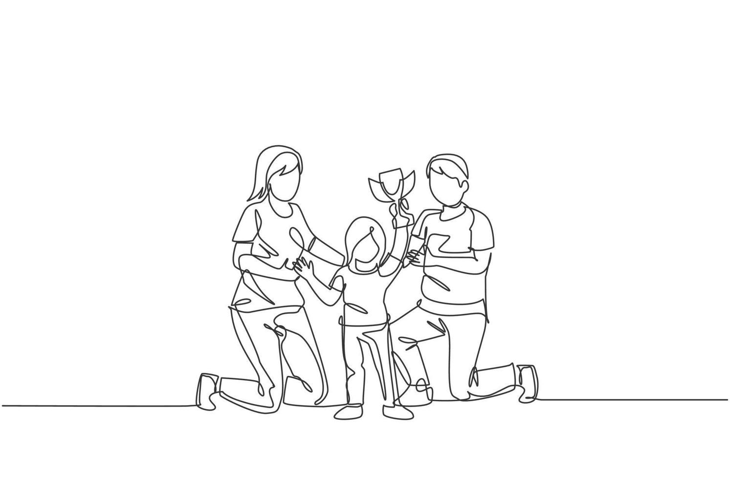 enkele doorlopende lijntekening van een klein meisje viert de overwinning van de trofee met haar ouder na het winnen van de competitie. gelukkig familie ouderschap concept. trendy één lijn tekenen ontwerp vectorillustratie vector