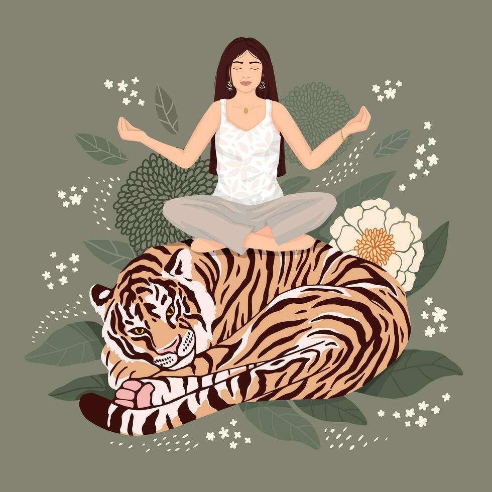 de meisje praktijken yoga, zittend Aan een tijger, welke leugens gekruld omhoog. tegen een achtergrond van bladeren en bloemen. vector modern vlak illustratie.