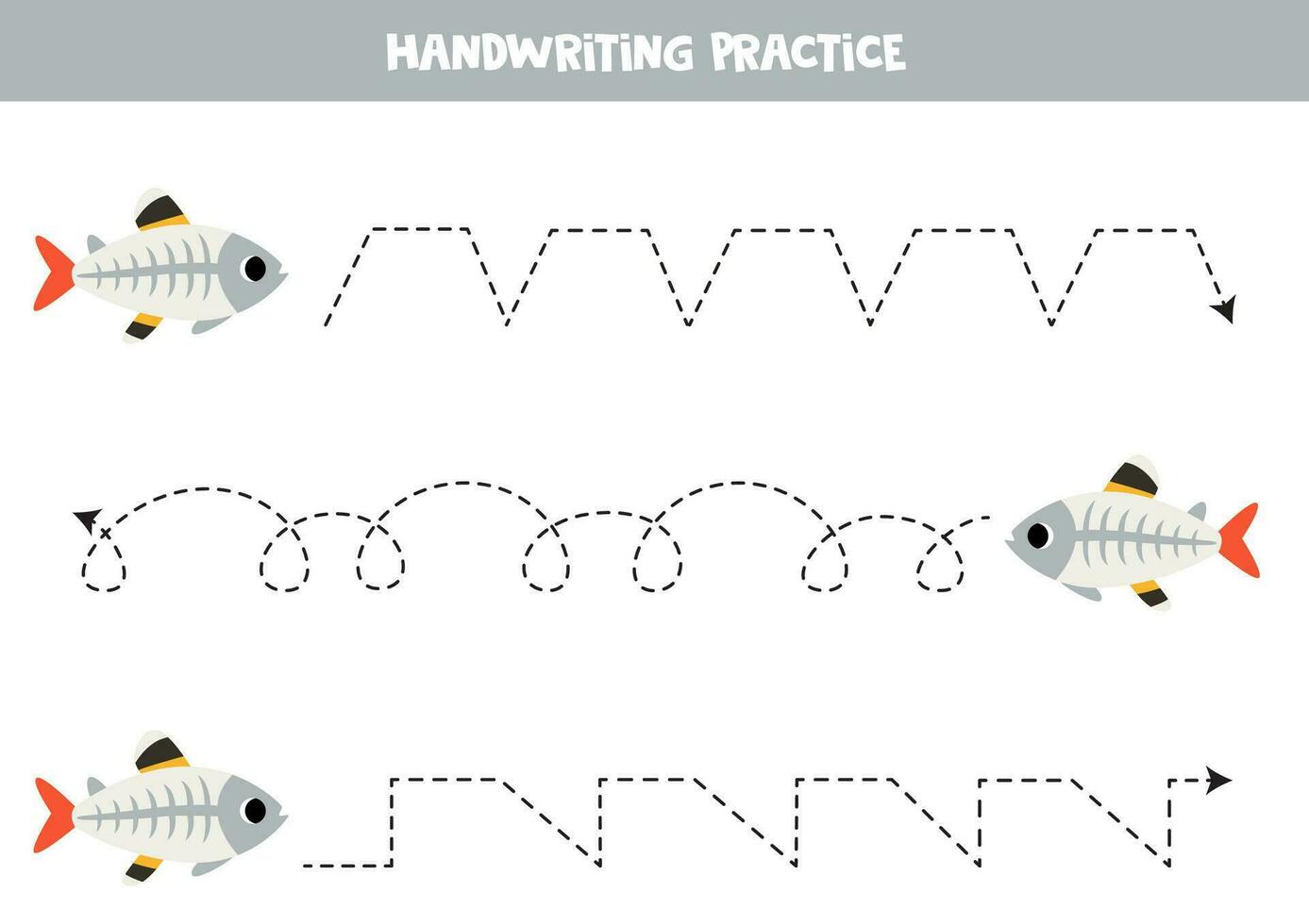 traceren lijnen voor kinderen. schattig tekenfilm x-ray vis. handschrift oefening. vector