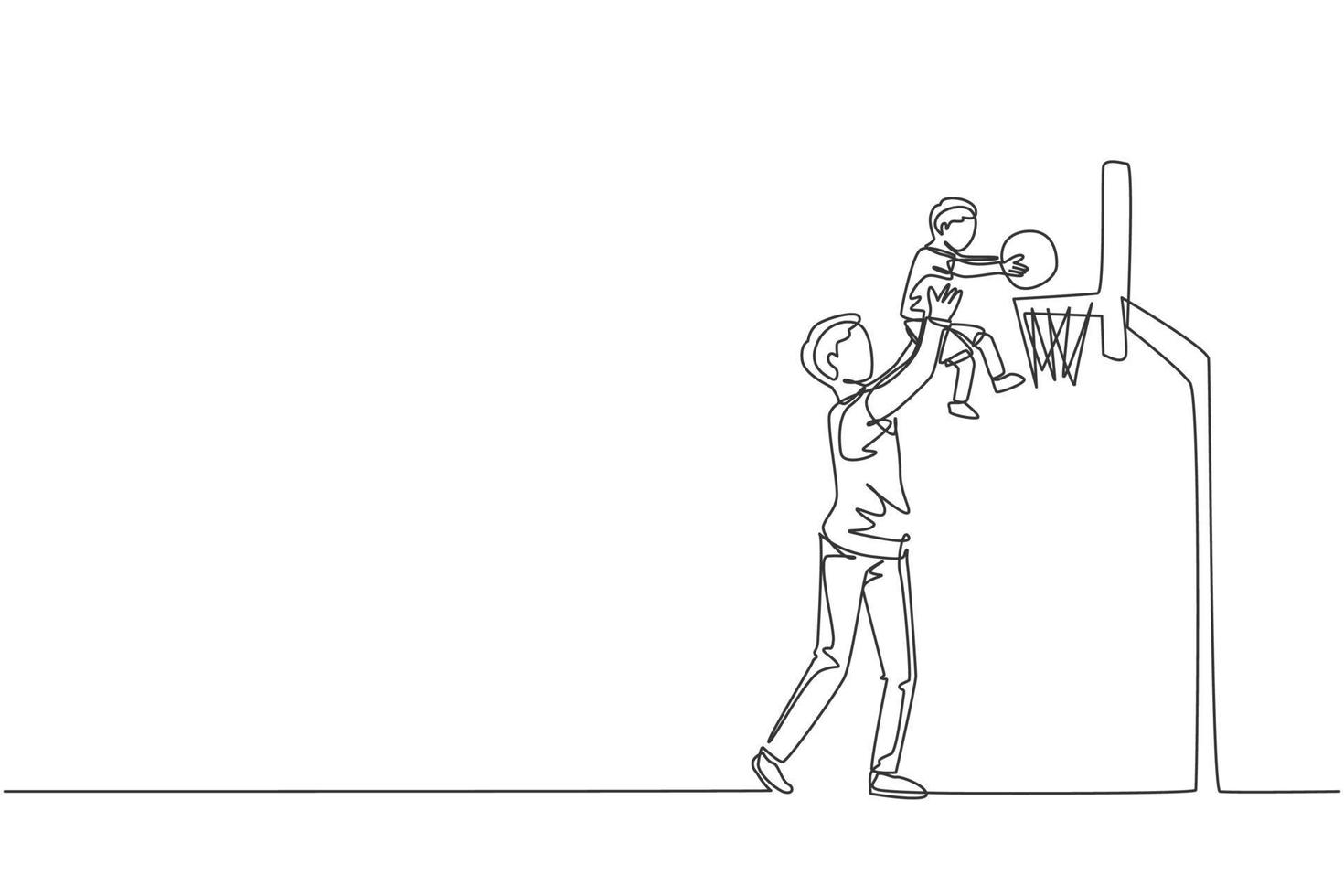 een enkele lijntekening jonge vader voedt zijn zoon op om te scoren bij het spelen van basketbalspel thuis veld vector grafische illustratie. gelukkig ouderschap leerconcept. modern ononderbroken lijntekeningontwerp