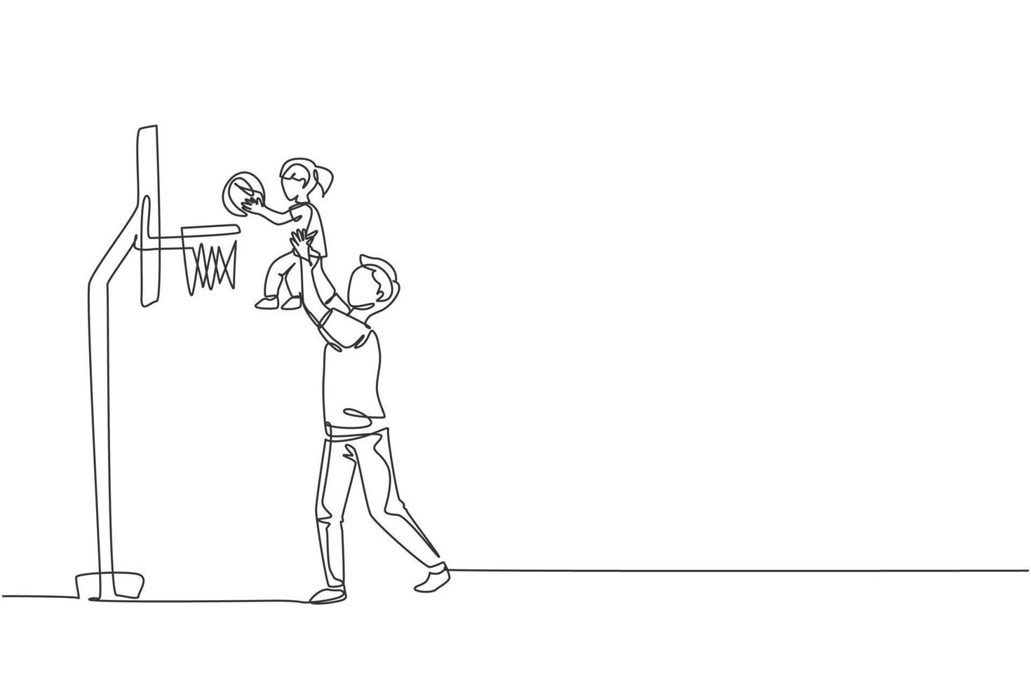 enkele doorlopende lijntekening van jonge vader die zijn dochter opvoedt om te scoren bij het spelen van basketbalspel op het thuisveld. gelukkig familie ouderschap concept. trendy één lijn tekenen ontwerp vectorillustratie vector