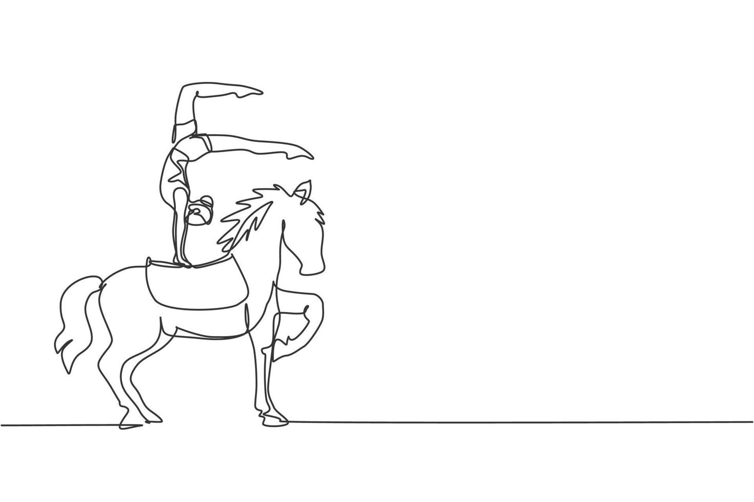 continu één lijntekening een vrouwelijke acrobaat presteert op een circuspaard terwijl ze een handstanddans te paard uitvoert. het paard tilt een van zijn benen op. enkele lijn tekenen ontwerp vectorillustratie vector