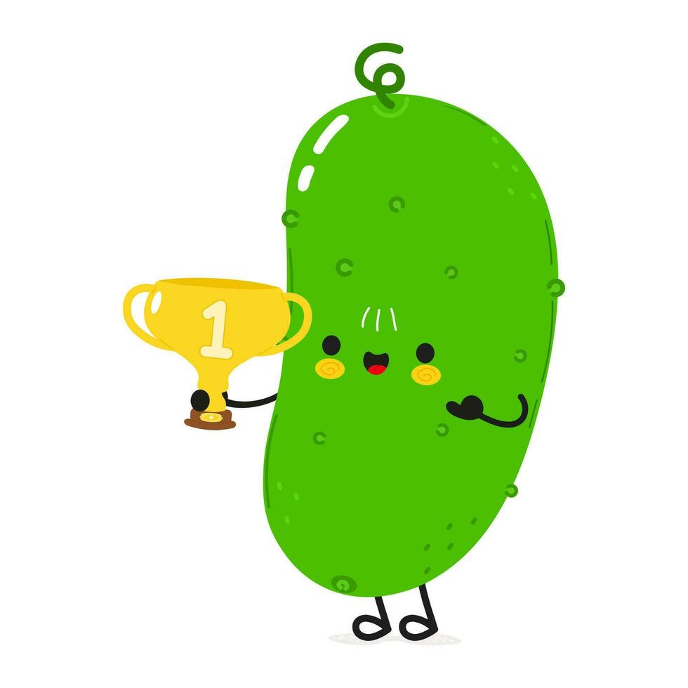 schattig grappig komkommer houden goud trofee beker. vector hand- getrokken tekenfilm kawaii karakter illustratie icoon. geïsoleerd Aan wit achtergrond. komkommer met winnaar trofee kop