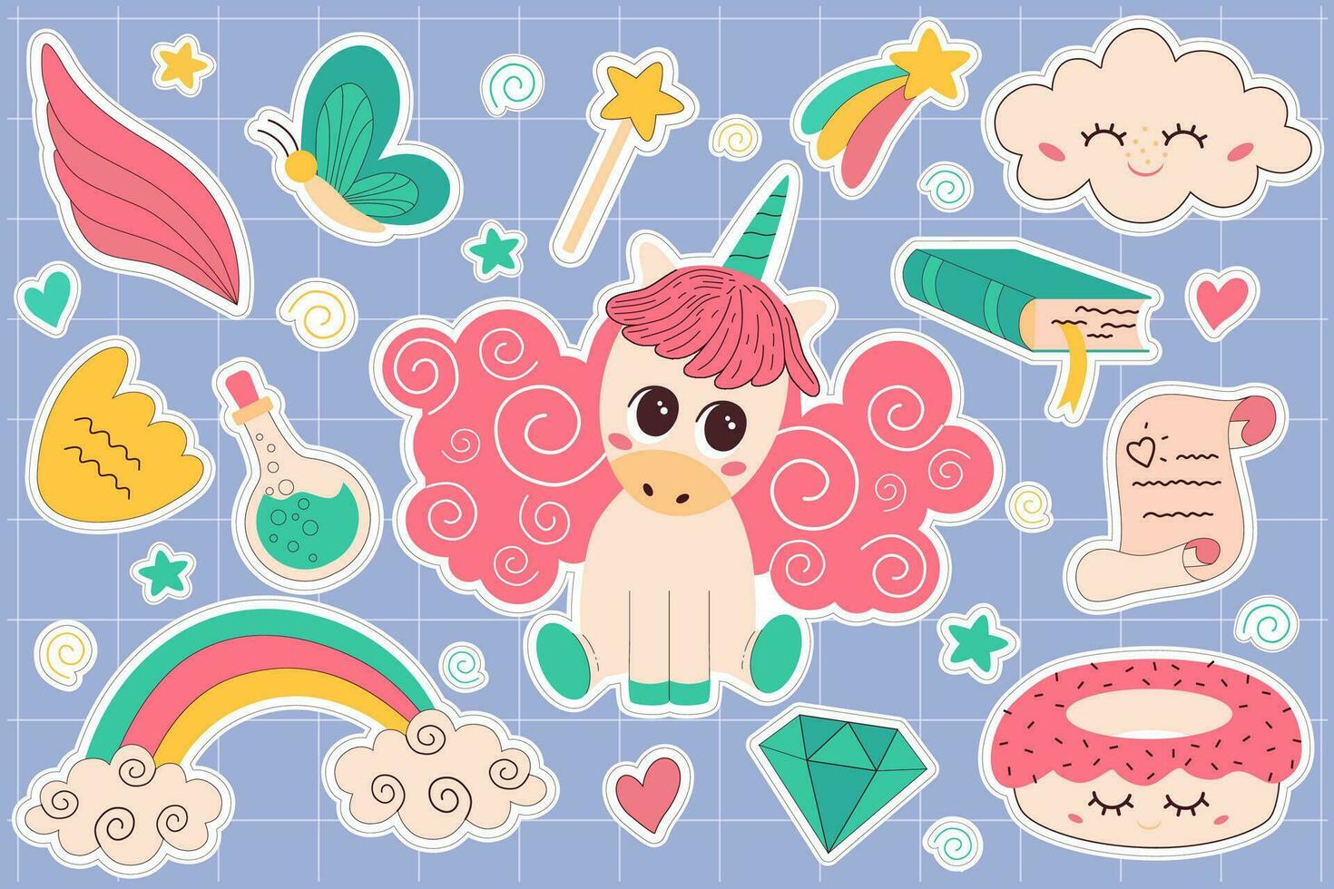 reeks van eenhoorn magie stickers, sterren, drankjes, magie toverstok, wolken en regenboog, magie spreuken, schattig gezichten, kawaii karakters, afdrukbare stickers. vector