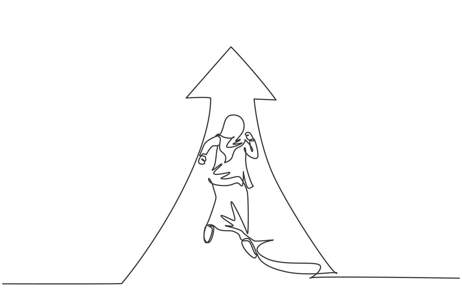 enkele een lijntekening jonge slimme Arabische zakenvrouw loopt snel om pijl-omhoog symbool om het doel te bereiken. zakelijke groei minimaal concept. moderne doorlopende lijn tekenen ontwerp grafische vectorillustratie vector