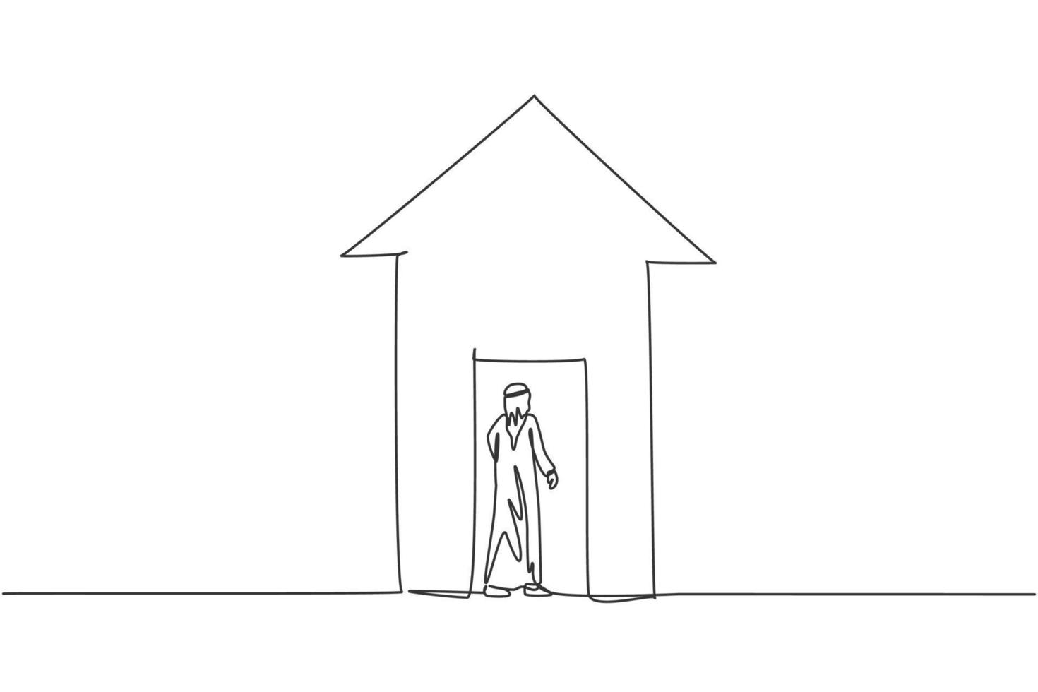 enkele doorlopende lijntekening van jonge Arabische zakenman gaat het huis-pijlsymbool binnen. slimme professionele manager. minimalisme concept dynamische één lijn tekenen grafisch ontwerp vectorillustratie vector