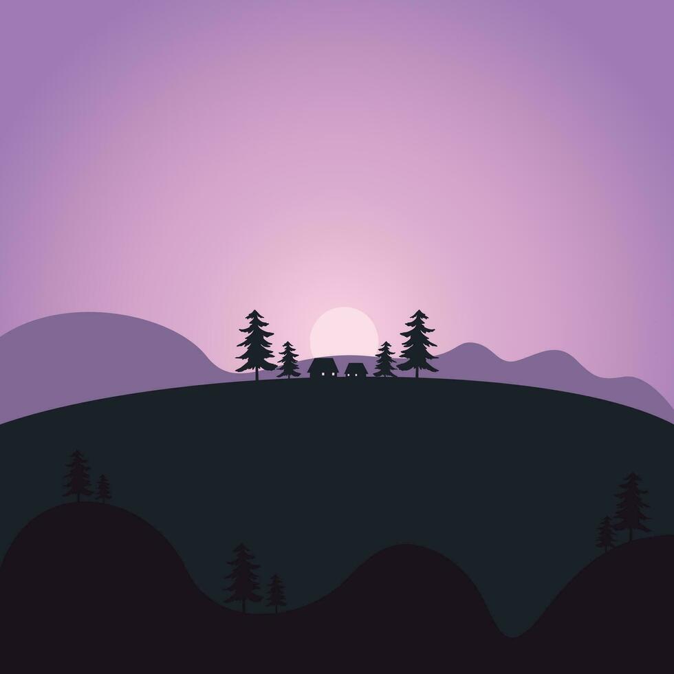 berg zonsopkomst landschap silhouet illustratie met pijnboom boom vector