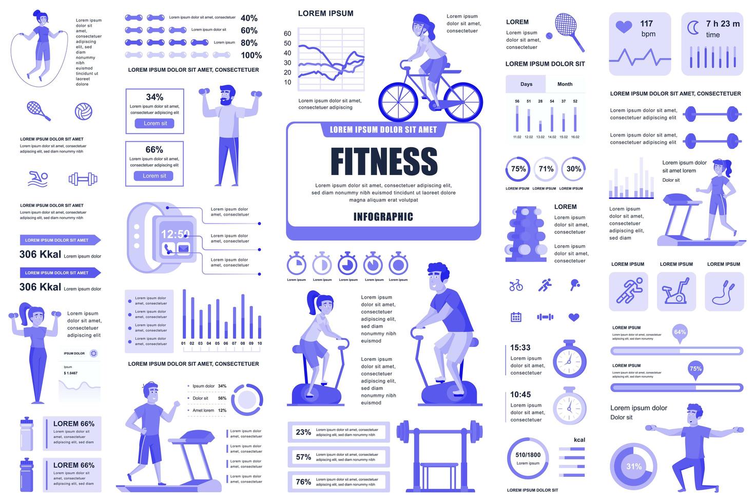 bundel fitness en sport infographic ui, ux, kit-elementen. verschillende grafieken, diagrammen, workflow, fitnessapparatuur, sportschool, cardiotraining ontwerpsjabloon. vector info afbeelding en infographics set.