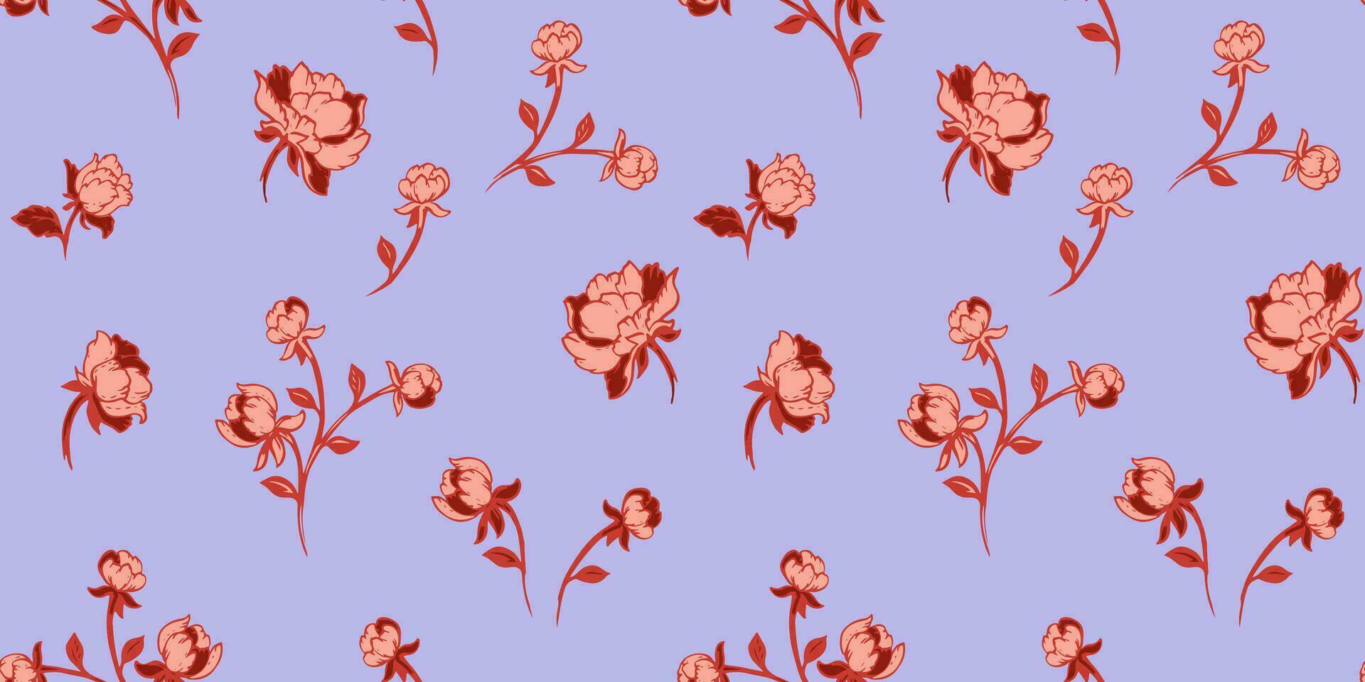 naadloos patroon met gestileerde rozenknopjes, rozen. hand- getrokken abstract ditsy bloemen. kleurrijk schattig roos Aan de Purper achtergrond. vector hand- getrokken schetsen. sjabloon voor , mode, afdrukken, oppervlakte ontwerp