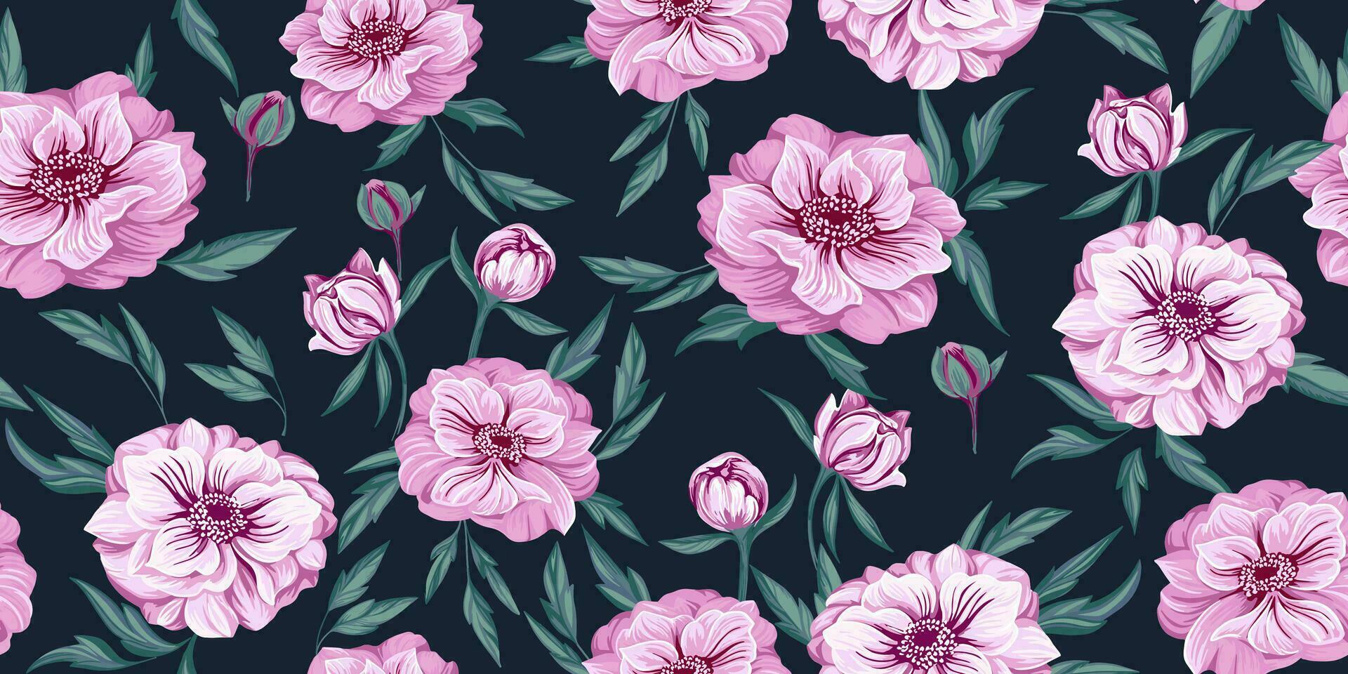 naadloos patroon met bloeiend bloemen ranonkel en bladeren. vector hand- getrokken. kleurrijk elegant Purper bloemen patroon Aan een donker achtergrond. ontwerp voor mode, kleding stof, behang.