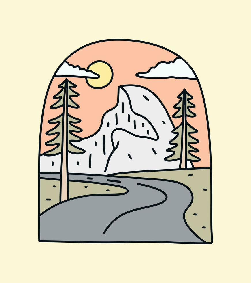 voor de helft koepel yosemite nationaal park mono lijn grafisch illustratie vector voor t-shirt, insigne, lap ontwerp