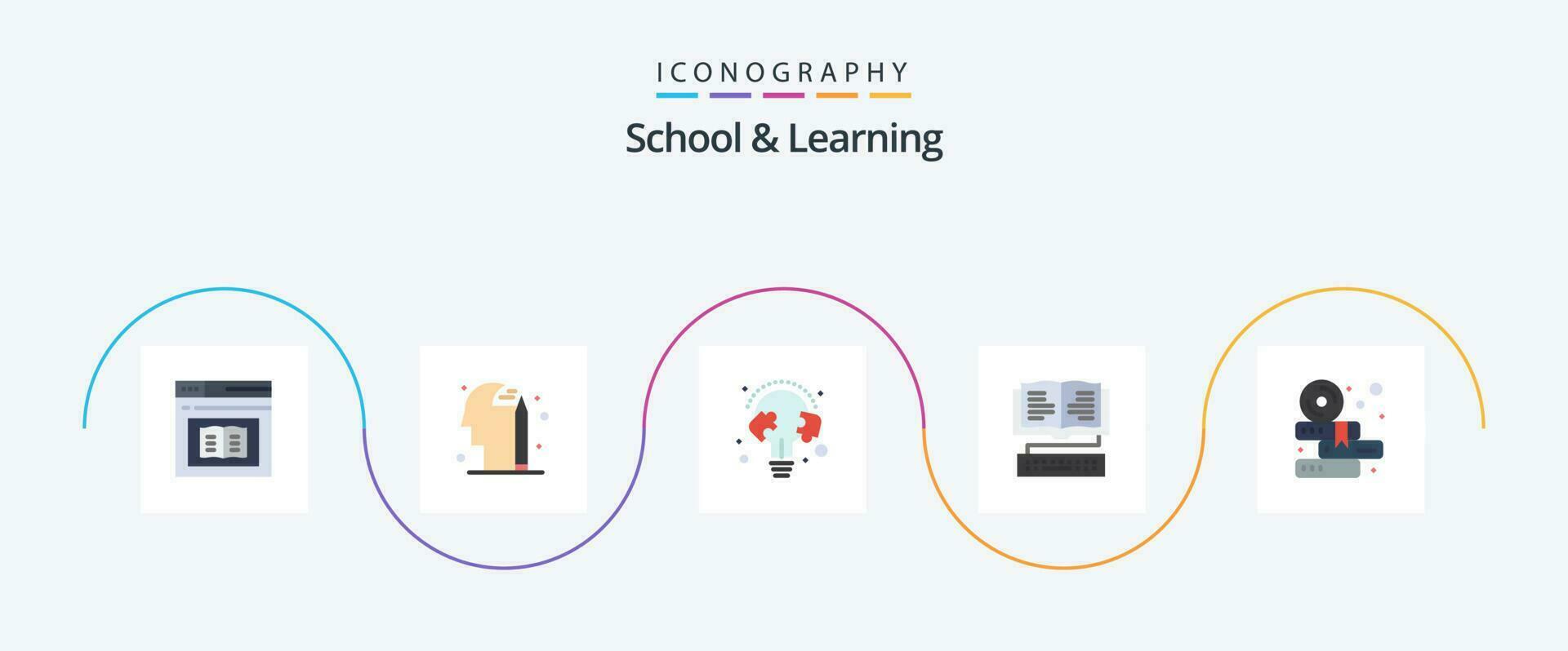 school- en aan het leren vlak 5 icoon pak inclusief boeken. kennis. onderwijs. onderwijs. lamp vector