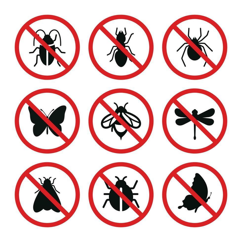 verbod insecten symbool reeks vector. Nee insecten teken symbool reeks vector