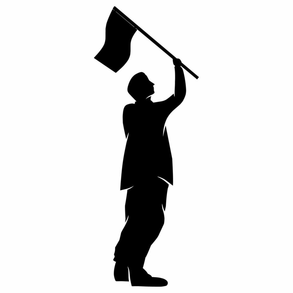 Mens Holding vlag silhouet vector illustratie. mensen Holding vlag grafisch middelen voor icoon, symbool, of teken. Mens Holding vlag silhouet voor vrijheid, onafhankelijkheid of patriottisme