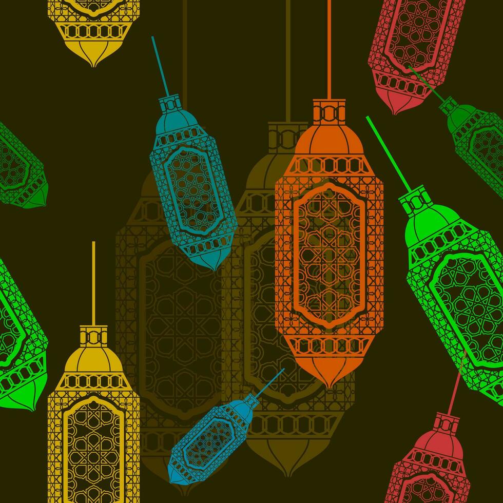 bewerkbare vlak stijl hangende Arabisch lampen vector illustratie met divers kleuren net zo naadloos patroon met donker achtergrond voor Islamitisch af en toe thema zo net zo Ramadan en eid of Arabisch cultuur