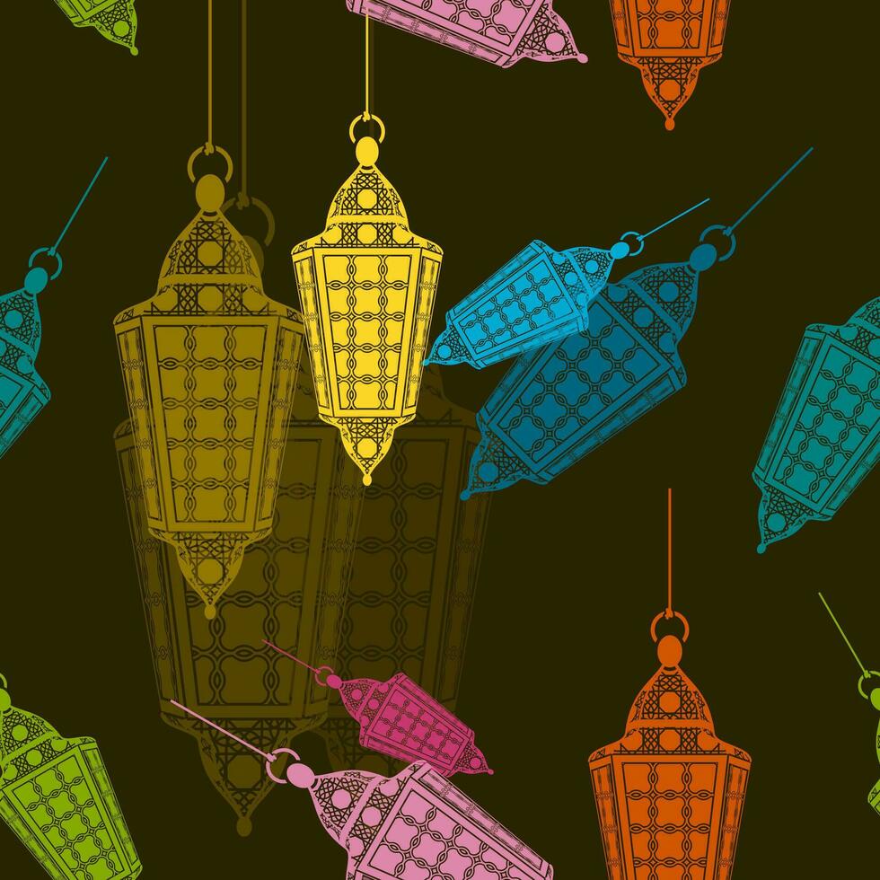 bewerkbare vlak stijl hangende Arabisch lampen vector illustratie met divers kleuren net zo naadloos patroon met donker achtergrond voor Islamitisch af en toe thema zo net zo Ramadan en eid of Arabisch cultuur