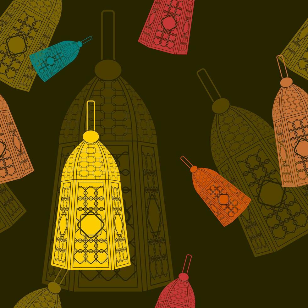 bewerkbare Arabisch lampen vector illustratie in vlak monochroom stijl met divers kleuren net zo naadloos patroon met donker achtergrond voor Islamitisch af en toe thema zo net zo Ramadan en eid of Arabisch cultuur