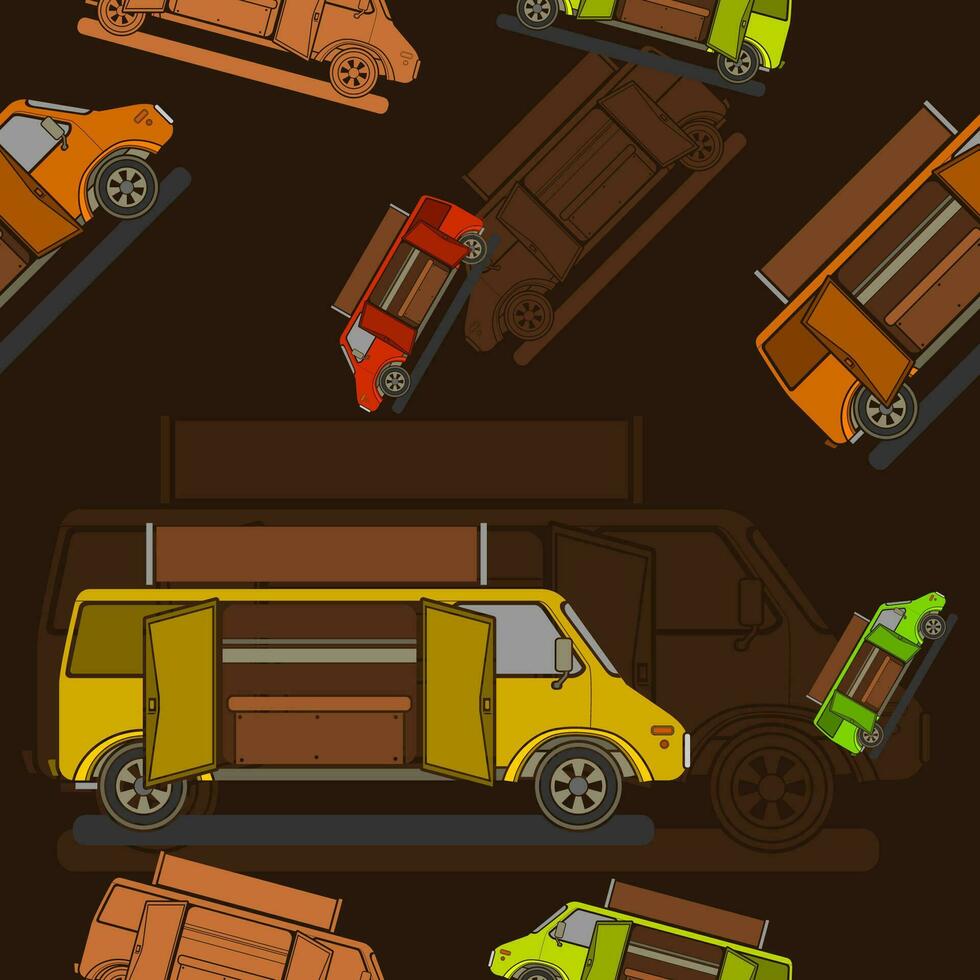 bewerkbare twee deuren mobiel voedsel vrachtauto vector illustratie naadloos patroon in vlak stijl met donker achtergrond voor voertuig of voedsel en drinken bedrijf verwant ontwerp