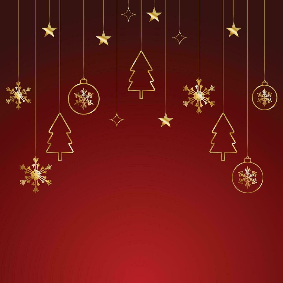 vrolijk Kerstmis rood achtergrond met gouden sterren en gouden ballen met boom vector