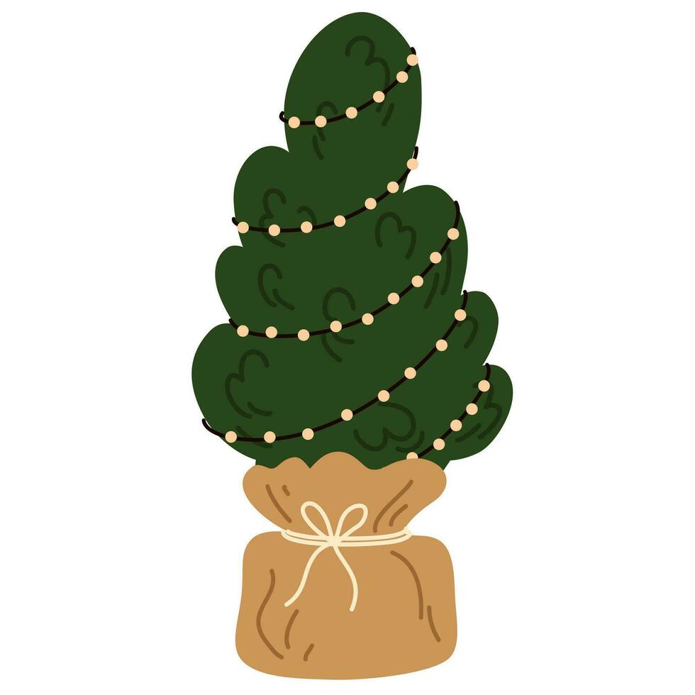 Kerstmis boom versierd met feestelijk kerstballen, guirlande. traditioneel vakantie eerste met ornament in ambacht papier, groen pijnboom takken, Kerstmis net met feestelijk decoratie. vlak vector illustratie