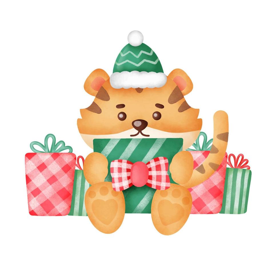 kerstwenskaart met schattige tijger en geschenkdozen in aquarelstijl. vector