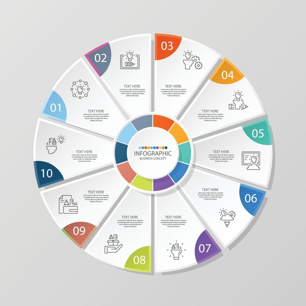 basiscirkel infographic sjabloon met 10 stappen, vector