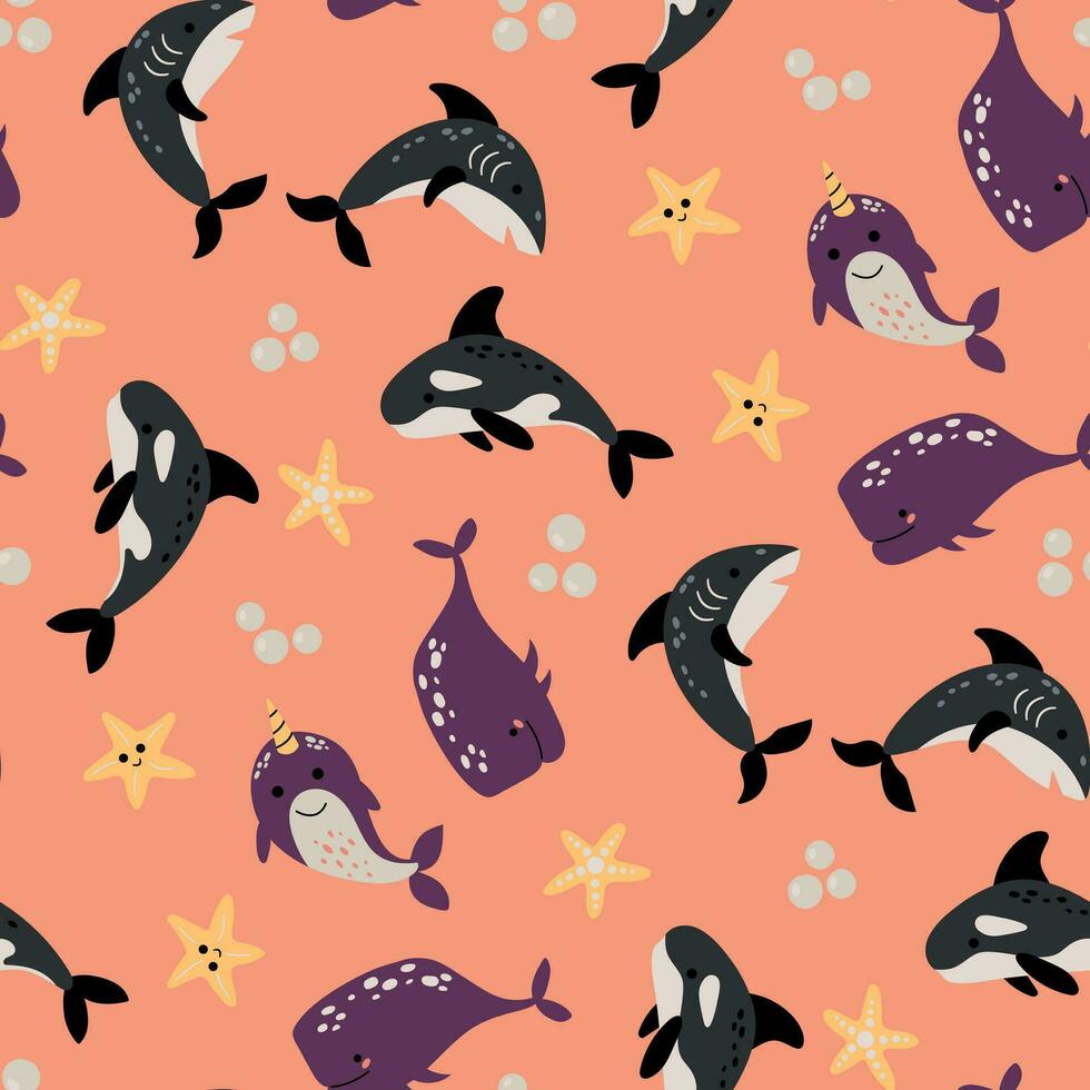 naadloos patroon met zee dieren. haai, moordenaar haai, walvis, narwal. vector