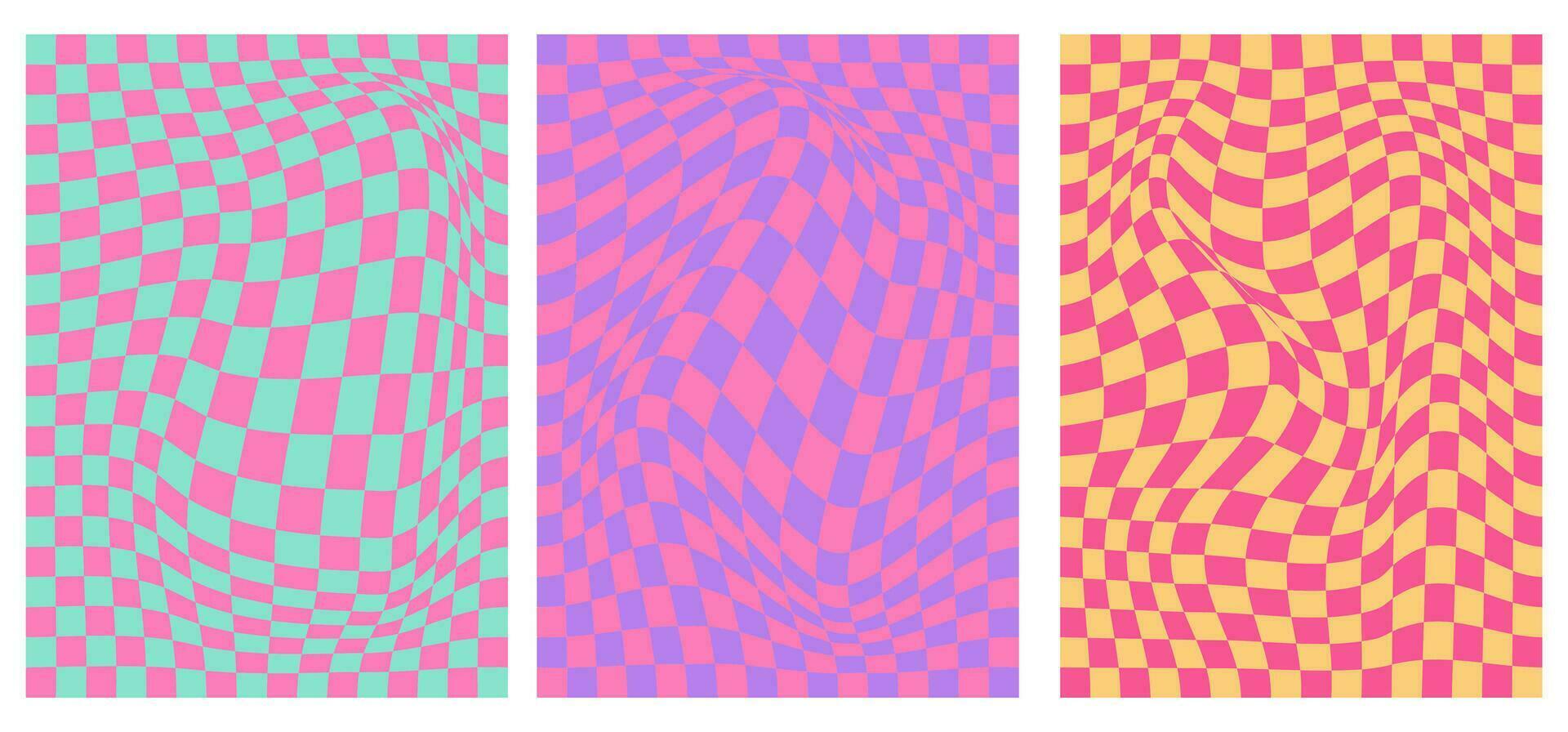 groovy hippie jaren 70 vector achtergronden set. schaakbord patroon. golvend vector structuur in modieus retro psychedelisch stijl.