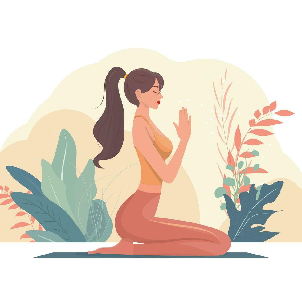 een meisje aan het doen yoga Aan een mat. illustratie van kalmte en meditatie. gezond levensstijl concept. vector