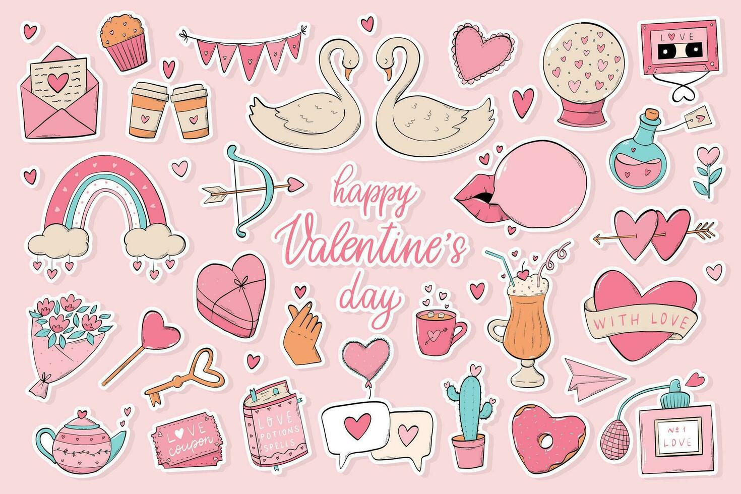 Valentijnsdag dag reeks van stickers, krabbels, tekenfilm elementen geïsoleerd Aan roze achtergrond voor afdrukken, kaarten, affiches, planners, tekens, enz. eps 10 vector