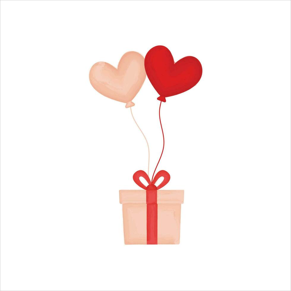 roze geschenk doos met rood lint, hart ballonnen vector illustratie