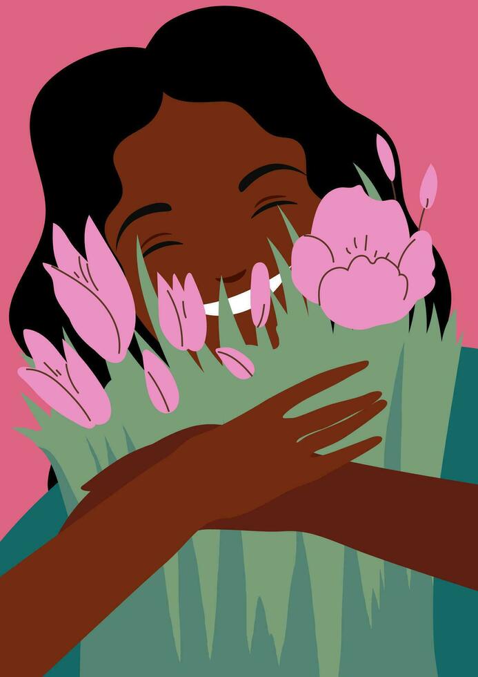 gelukkig mooi Afrikaanse Amerikaans vrouw met boeket van tulpen. gelukkig Internationale vrouwen dag kaart. bundel van bloem. detailopname. lente vector illustratie
