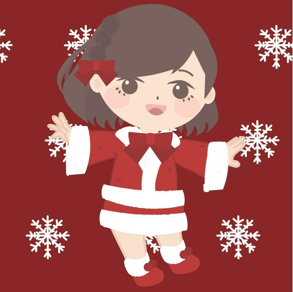 een schattig meisje vervelend de kostuum van de kerstman met sneeuwvlokken Aan haar hoofd, in de stijl van knal kei, kastanjebruin, traditioneel poseert, donker oranje en licht kastanjebruin, oshare kei, gemakkelijk, donker wit en rood vector
