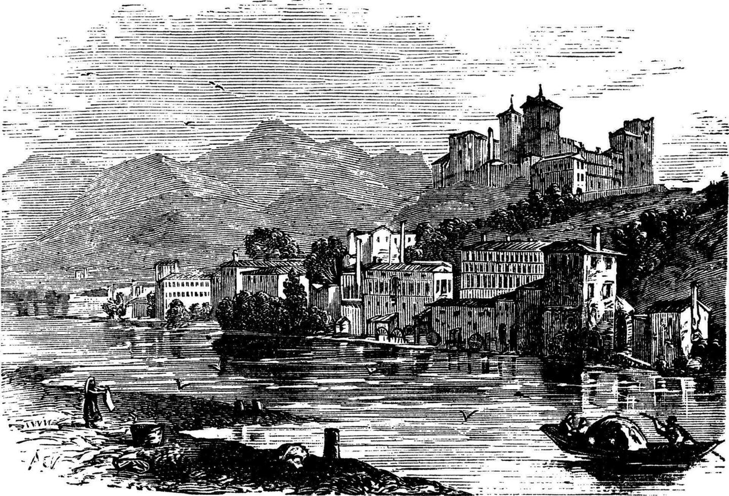 bassano del grappa, in veneto, Italië, gedurende de jaren 1890, wijnoogst gravure vector