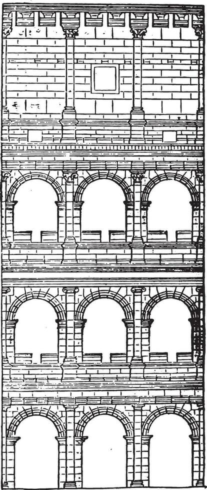 sectie en verhoging van de colosseum, voltooid onder titus, wijnoogst gravure. vector