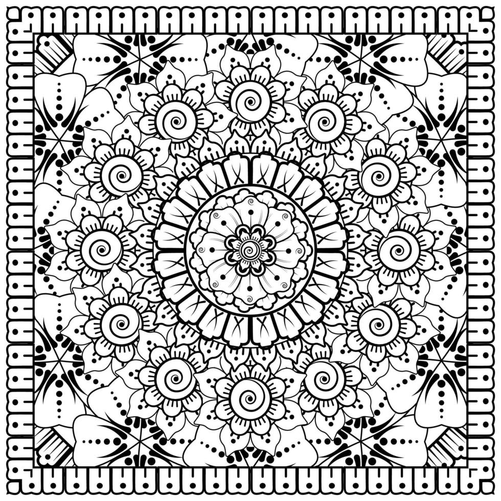 schets vierkant bloemenpatroon in mehndi-stijl voor het kleuren van de boekpagina vector