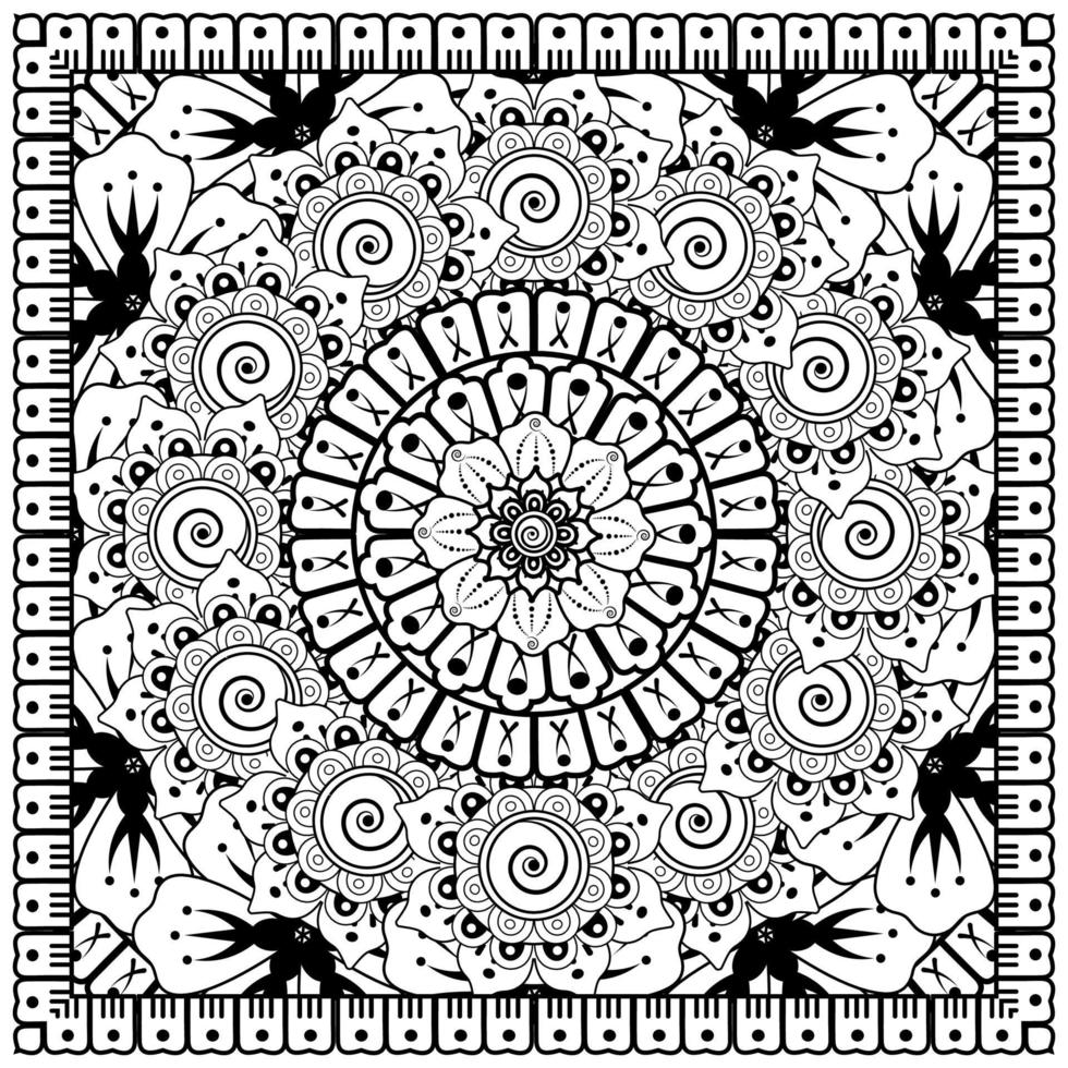 schets vierkant bloemenpatroon in mehndi-stijl voor het kleuren van de boekpagina vector